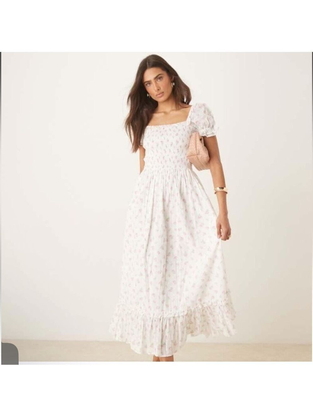 White rosebud print Smocked Midi Dress with Puff Sleeves